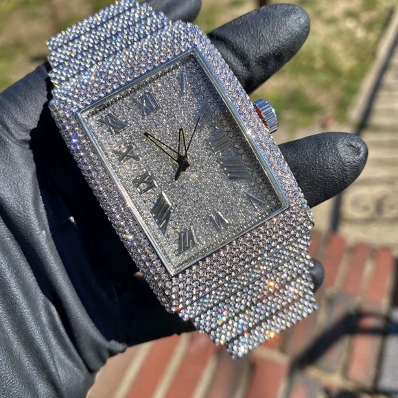 Full Iced Gold PT/ White Gold PT Hip Hop Rectangle Luxury Stylish Quartz Watch - Picture 6 of 16